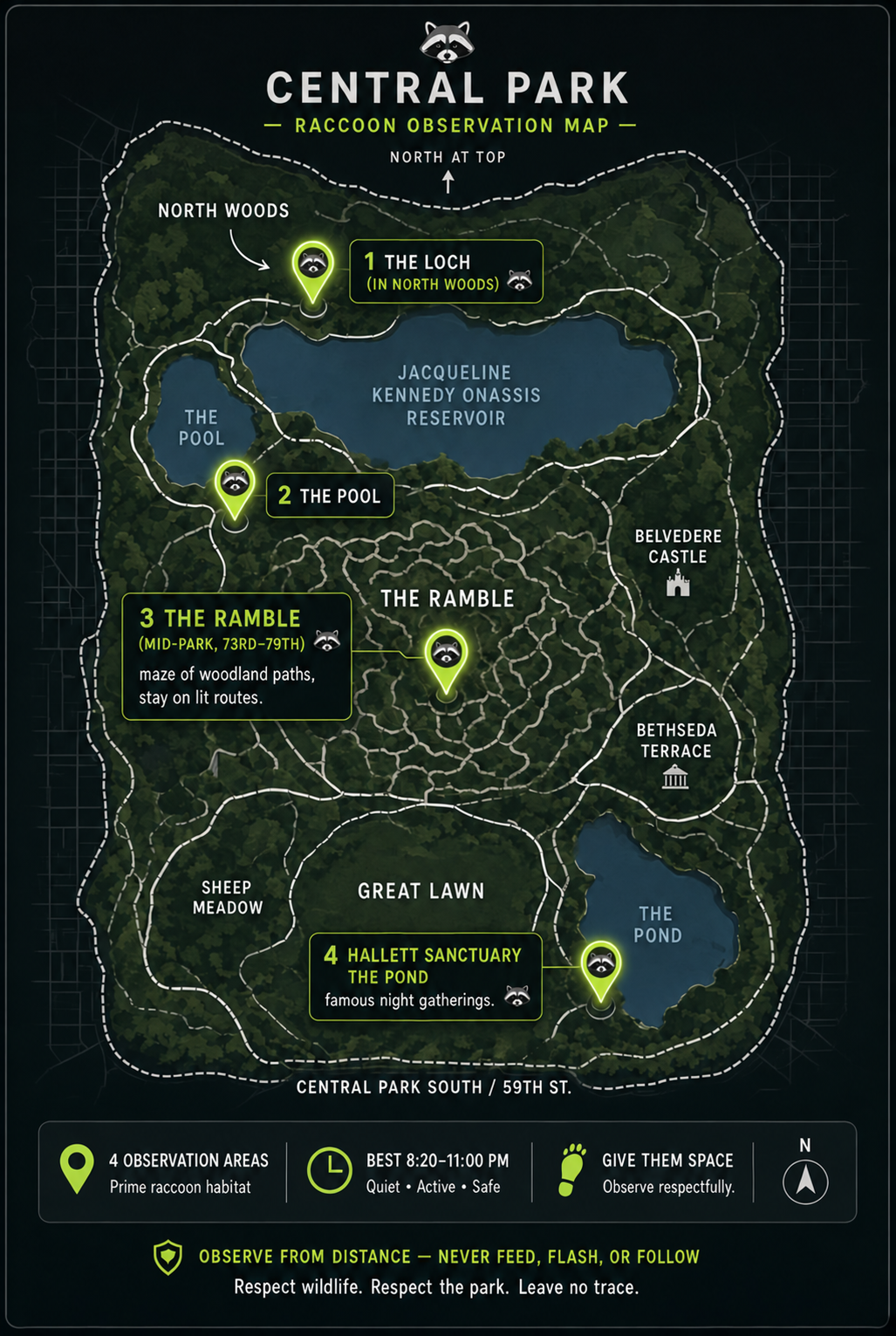Central Park raccoon observation map showing The Loch, The Pool, The Ramble, and Hallett Nature Sanctuary